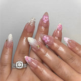 Popxstar 24Pcs Pink Almond False Nails Butterfly Ballet with French Design Wearable Fake Nails Simple Artificial Press on Nails Tips Art
