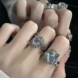 Popxstar Kpop 90s Grunge Aesthetic Irregular Liquid Metal Heart Moonstone Open Ring For Women Luxury Vintage Jewelry EMO Y2K Accessories
