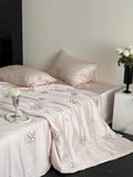 Popxstar  60S Lyocell Bamboo Fiber Flower Embroidery Summer Quilt Bedding Set Soft Silky Thin Comforter Blanket With Bed Sheet Pillowcases