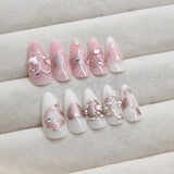 Popxstar 24pcs Sweet False Nail Patches Detachable Fake Nail Tips With Bowknots Love Heart Pearl Design Pink Almond Korean Press On Nail