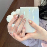 Popxstar  10Pcs Handmade Press On Nails Nude Pink Color Ballet Fake Nails Glossy Cat's Eyes Designs Full Cover False Nails Bowknot Decor