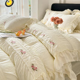 Popxstar Korean Princess Style Lace Ruffles Wedding Bedding Set Seersucker Washed Cotton Soft Duvet Cover Set Bed Sheet Pillowcase 3/4Pcs