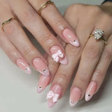 popxstar Pink French Style Fake Nails Almond Ballerina Press on Nails 3D Bowknot Designs Nude Color Stick-on False Nails Tips 24Pcs