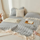 Popxstar  Natural Cotton Linen French Lace Soft Comfortable Quilted Bedspread, Bed Cover, Mattress Topper, Bed Sheet, Pillowcases 3Pcs