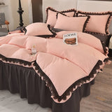 Popxstar Luxury Solid Color Bedding Sets Princess Style French Lace Duvet Cover Bed Skirt Bedclothes For Girls 4 Piece Home Textiles
