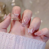 Popxstar 24Pcs Three-dimensional Love Heart False Nails with French Design Long Coffin Wearable Fake Nails Rhinestone Press on Nails Tips
