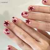 Popxstar  Simple Y2K Press on Nails Nude Color Short Square Head Fake Nails Red Five-pointed Star Designed Women Girls Charms Manicure