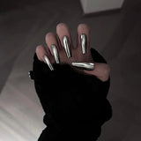 Popxstar  10PCS Metal Handmade Press on Nails Acrylic Magic Full Cover Fake Nails Reusable Adhesive Silver Artificial Cool Manicure Art