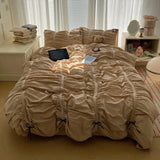 Solid Color Pleated Textured Soft Breathable Chic Princess 4pcs Bedding Set, Delicate Bows Twin Duvet cover Bed sheet Pillowcase