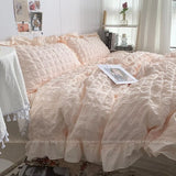 popxstar INS Girl Blue Bedding Sets Solid Color Seersucker Ruffles Lace  Kawaii Soft Sheet Woman Duvet Cover Pillow Covers Quilt Cover