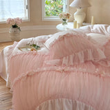 Popxstar  Romantic Lace Ruffles Bow Wedding Bedding Set 800TC Lyocell Silky Cooling Duvet Cover Flat/Fitted Bed Sheet Pillowcases 4Pcs