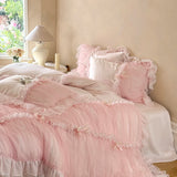 Popxstar  Romantic Lace Ruffles Bow Wedding Bedding Set 800TC Lyocell Silky Cooling Duvet Cover Flat/Fitted Bed Sheet Pillowcases 4Pcs