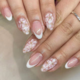 Popxstar  24Pcs Blush Pink False Nails White Flower Printed Short Round Head Press on Nails Sweet French Style Charms Manicure for Women
