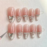 Popxstar  10pcs Handmade Nails Tips Blush Smudge Design Mid-length Oval Fake Nail Art Wearable Rhinestone Butterfly Press on False Nails