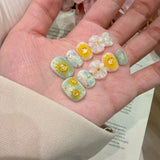 10pcs Summer Sunflower Stick on Nails White 3D Flowers Fake Nails Colorful Sweet Cute False Nails Short Square Press on Nail Tip