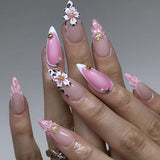 Popxstar  24pcs Finished False Nails with Flower Pearl Design Stiletto Press on Nails Fashion Beach Pink Fake Nail Wearable Long Manicure