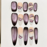 Popxstar  10pcs Purple Handmade Press on Nails Set Gradient Cat's Eye Mid-length Square Fake Nail Tip Butterfly Design Stick on False Nail