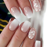 Popxstar 24Pcs Short French False Nails with Glue Wearable Simple Square Head Press on Fake Nails Golden Edge Design Jelly Stick on Nail