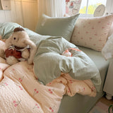 4Pcs Bedding Set Simple, Comfortable, And Retro Plaid Bed Sheets With Pillowcase Cotton Duvet Cover Set Single Bed Linen