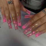 Popxstar 24Pcs Gradient Purple Ballet False Nails with Butterfly Rhinestone Long Square Manicure Press on Nails Wearable Flower Fake Nail
