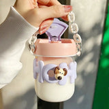 400ML Cute Girl Transparent Glass Heat Resistant Water Bottle With Pearl Bracelet Portable Double Drinking Coffee Mug Straw Cups
