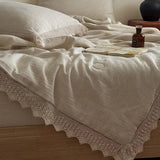 Popxstar  88% Cotton and 12% Linen Jacquard Vintage Hollow Lace Edge Summer Quilt Air Condition Thin Comforter Lightweight Blanket 1/4Pcs