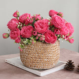 Popxstar 1pcs/30cm Rose Pink Silk Bouquet Peony Artificial Flower 5 Big Head 4 Small Bud Bride Wedding Home Decoration Artificial Flower