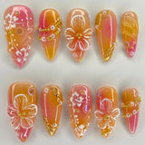Popxstar 24pcs Short Almond Wearable False Nail Tips Lines Bow Rhinestones Design Fake Nail Art Cute Pink Love Pearl Press on Nails Set