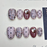 Popxstar  10pcs Yellow Short Almond Handmade False Nails Art with Golden Pattern Design Press on Nails Tips Wearable Christmas Fake Nail