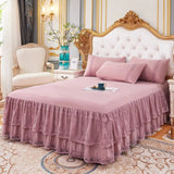Popxstar shabby chic New 3 Layers Bed Skirt Lace Ruffled Bed Skirt Couvre Lit Bedroom Bed Cover Bed Skirt Non-slip Mattress Cover Bedsheet Bedspread