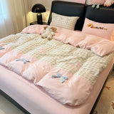 3/4Pcs Bedding Set Bed Sheets Full Set 100% Cotton Checkered Bow Pink Duvet Cover Cute Core Princess Bedding Four-Season