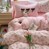 Popxstar  Cartoon Bedding Set Ins Korean Towel Embroidery Bed Linen Flat Sheets Set 2 Pillowcases Twin Double Queen Size Duvet Cover Set