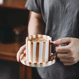 Popxstar  Retro Minimalist Striped Hand Drawn Cups Plate Set Ceramic Tableware Coffee Cups Afternoon Tea Milk Mugs Drinkware Holiday Gifts