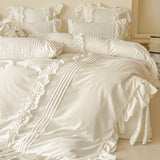 Popxstar Korean Princess Style Lace Ruffles Bedding Set Solid Color Duvet Cover Set Flat/Fitted Bed Sheet Pillowcases With Pillowcases