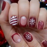Popxstar  24pcs Christmas Short Square False Nails Press on Snowflake Pattern Design Nails Simple Red Fake Nail Tips Wave Lines Manicure
