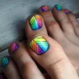 Popxstar  24pcs Square Fake Toenails Art Datachable Fashion Colorful Stripe False Nail Tips with Shiny Powder Design Short Press on Nails
