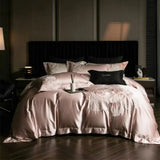 Popxstar  High Precision Damask Egyptian Cotton Flowers Embroidery Luxury Bedding Set Duvet Cover Flat/Fitted Bed Sheet Pillowcasess 4Pcs