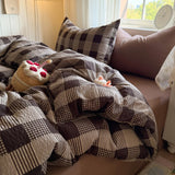 4Pcs Bedding Set Simple, Comfortable, And Retro Plaid Bed Sheets With Pillowcase Cotton Duvet Cover Set Single Bed Linen