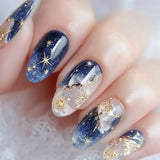 popxstar Shiny Blue Fake Nails 24Pcs Short Square Press On Nails Sparkly Gold Star Designs Reusable Acrylic False Nails Tips for Woman