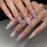 Popxstar 24pcs White French Fake Nails Almond 3D Pink Bow Flower Design Reusable Press on False Nails Butterfly Pearl Wearable Manicure