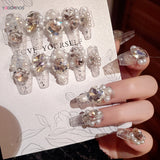 Popxstar  24Pcs Long Ballerina Fake Nails Sparkly Diamond Designs Press on Nails White Pearl Clear False Nails for Women Bride Wedding