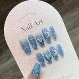 Popxstar 10Pcs Set Blue Handmade Press On Nails Snowflakes Ballet with Rhinestones False Nails Decoration Manicure Fake Nails Tips Art