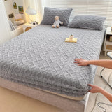 Popxstar Thicken Taffeta Fitted Sheet Winter Warm Mattress Protector Cover for Bedroom Home Bed Cover Dustproof Non-slip Bedding Embossed
