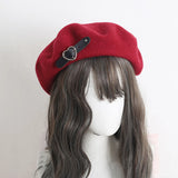 Popxstar Japanese Beret Harajuku Y2 Fashion Lolita Hat JK Hat Girl Beret Cute PU Chain Heart Love Wool Kawaii Women Hat Accessories