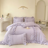Popxstar Korean Princess Style Lace Ruffles Bedding Set Solid Color Duvet Cover Set Flat/Fitted Bed Sheet Pillowcases With Pillowcases