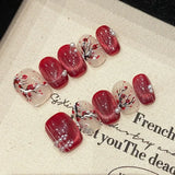 Popxstar 10Pcs Red Cat Eye Handmade Press on Nails Flower Fake Nails Wearable Stick-on Nails Full Cover False Nail Uñas Postizas 네일팁