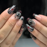 Popxstar  Red/Black Fake Nails 24Pcs Halloween Nails Press On Short Square French False Nails Patches Alloy Spider Designs for Party
