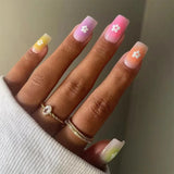 Popxstar  24pcs Short Square Press on Nails Finished Flower Design Nails Sweet Ins Red Full Cover False Nail Sets Reusable Fake Nail Tips