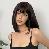 Popxstar Short Black Brown Synthetic Natural Hair Wigs for Women Bob Straight Wig with Bangs High Temperature Daily Cosplay Party Wigs