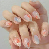 Popxstar 24Pcs Pink Almond False Nails Butterfly Ballet with French Design Wearable Fake Nails Simple Artificial Press on Nails Tips Art